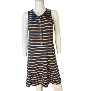 NATION LTD Jayna Navy Camel Striped Gold Button Fit Flare Dress Size S